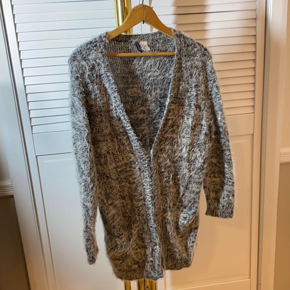 Grey and White Cardigan Sweater.